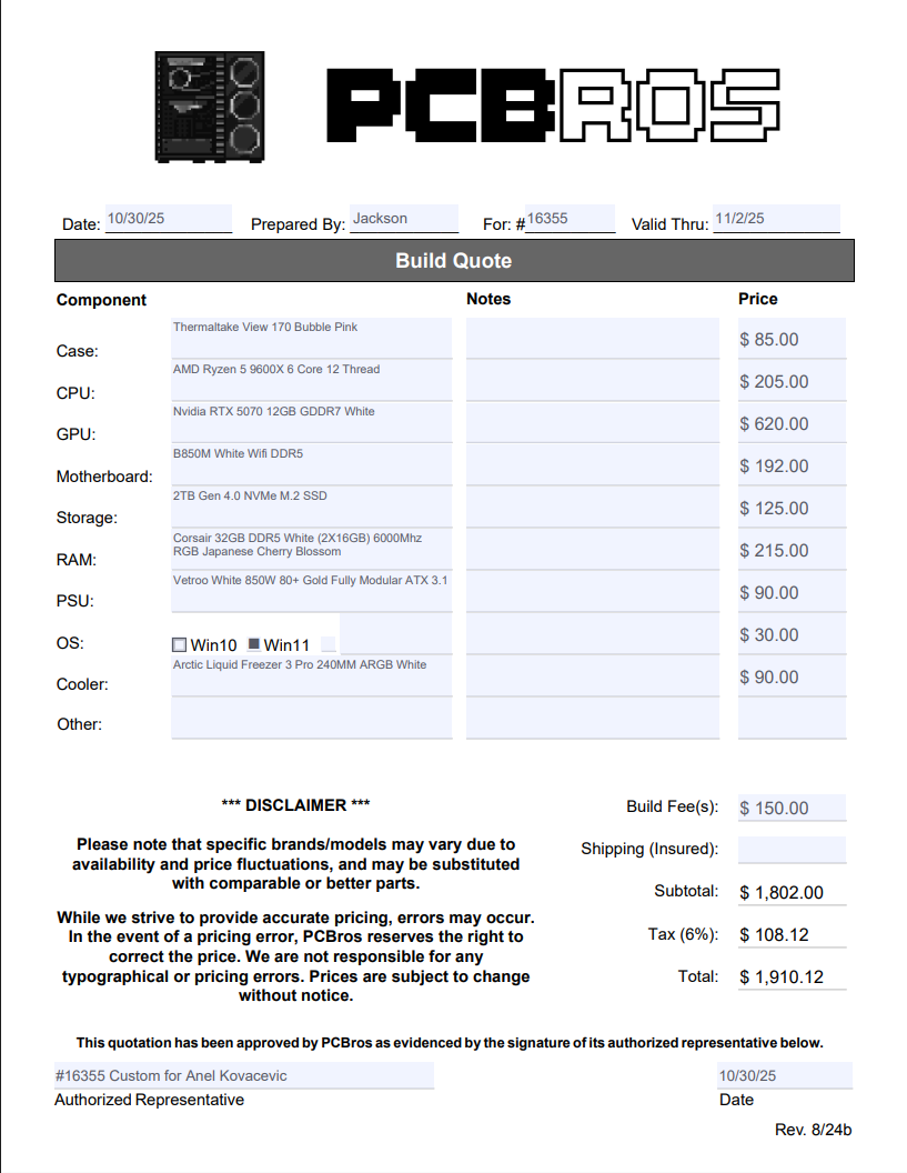 Extra Fee - Custom Build For #16355 Anel K