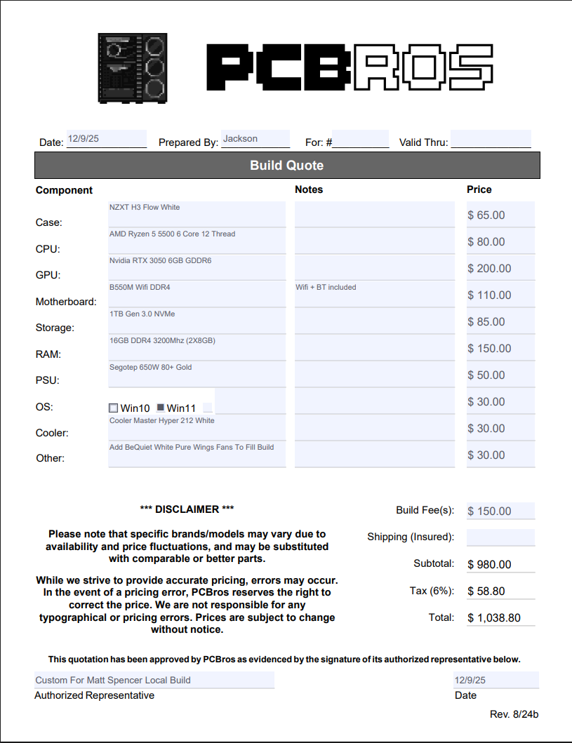 Matt Spencer Custom - Extra Fee Local