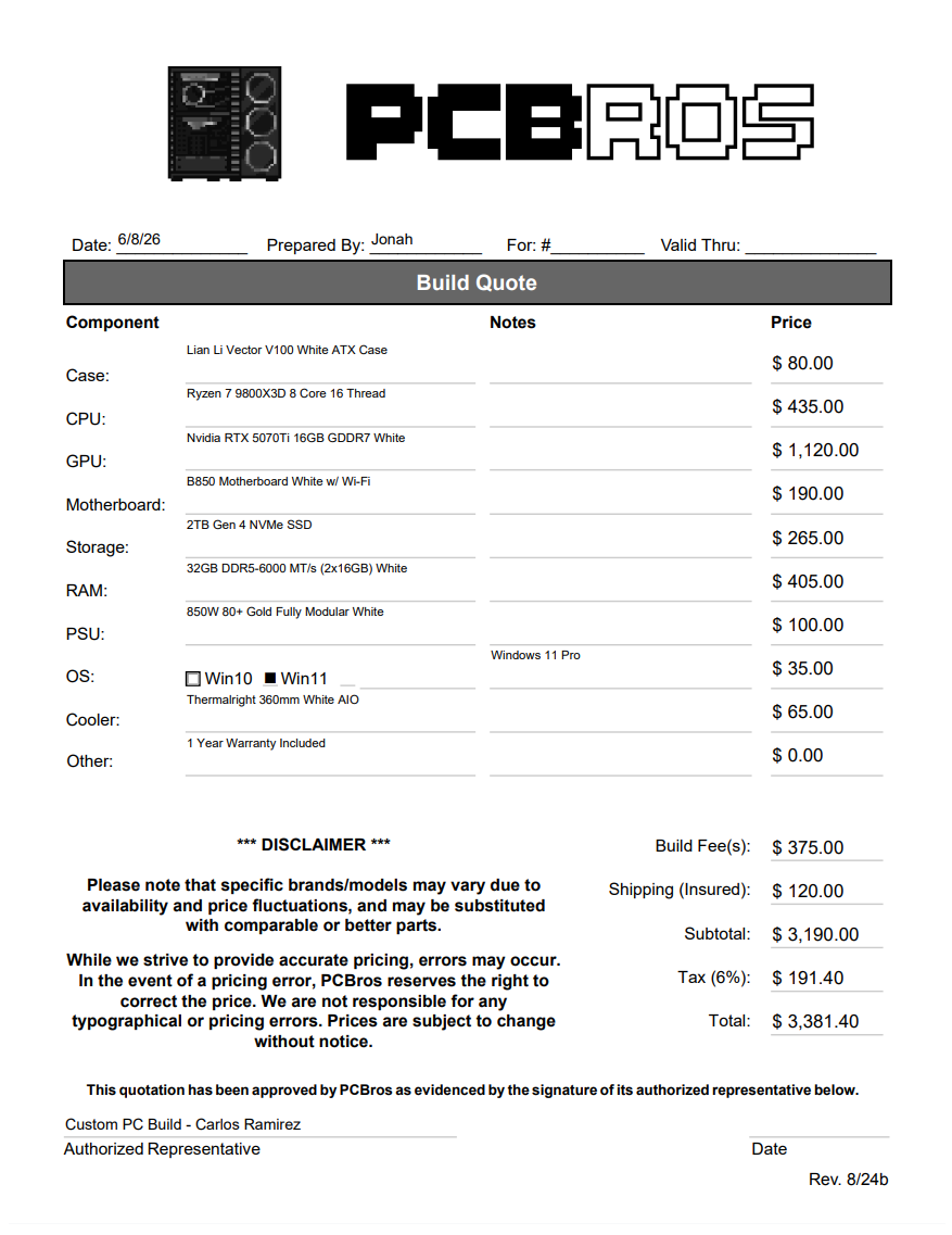 Carlos Ramirez Custom PC Build - Extra Fee