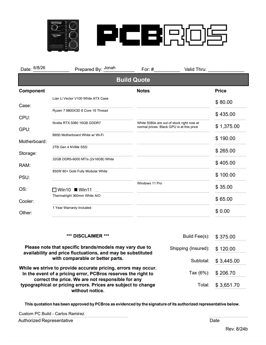 Carlos Ramirez Custom PC Build 5080 Var - Extra Fee