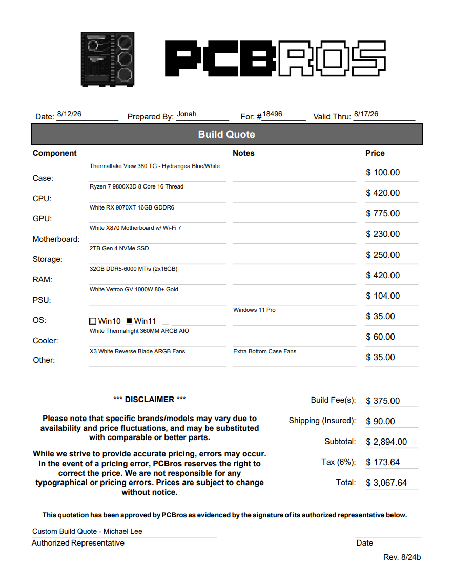 Custom Gaming PC Build - Michael L. - Extra Fee