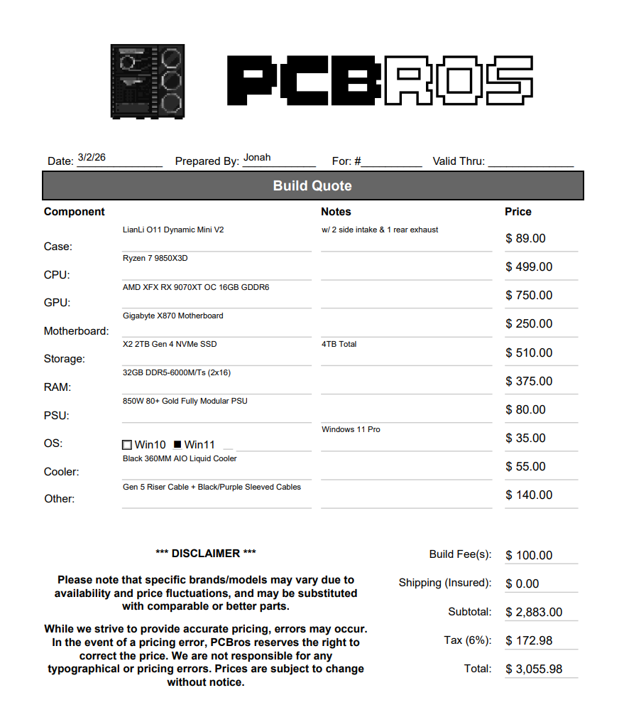 Ryzen 7 9850X3D + RX 9070XT PC for Bradley Foudray - Extra Fee